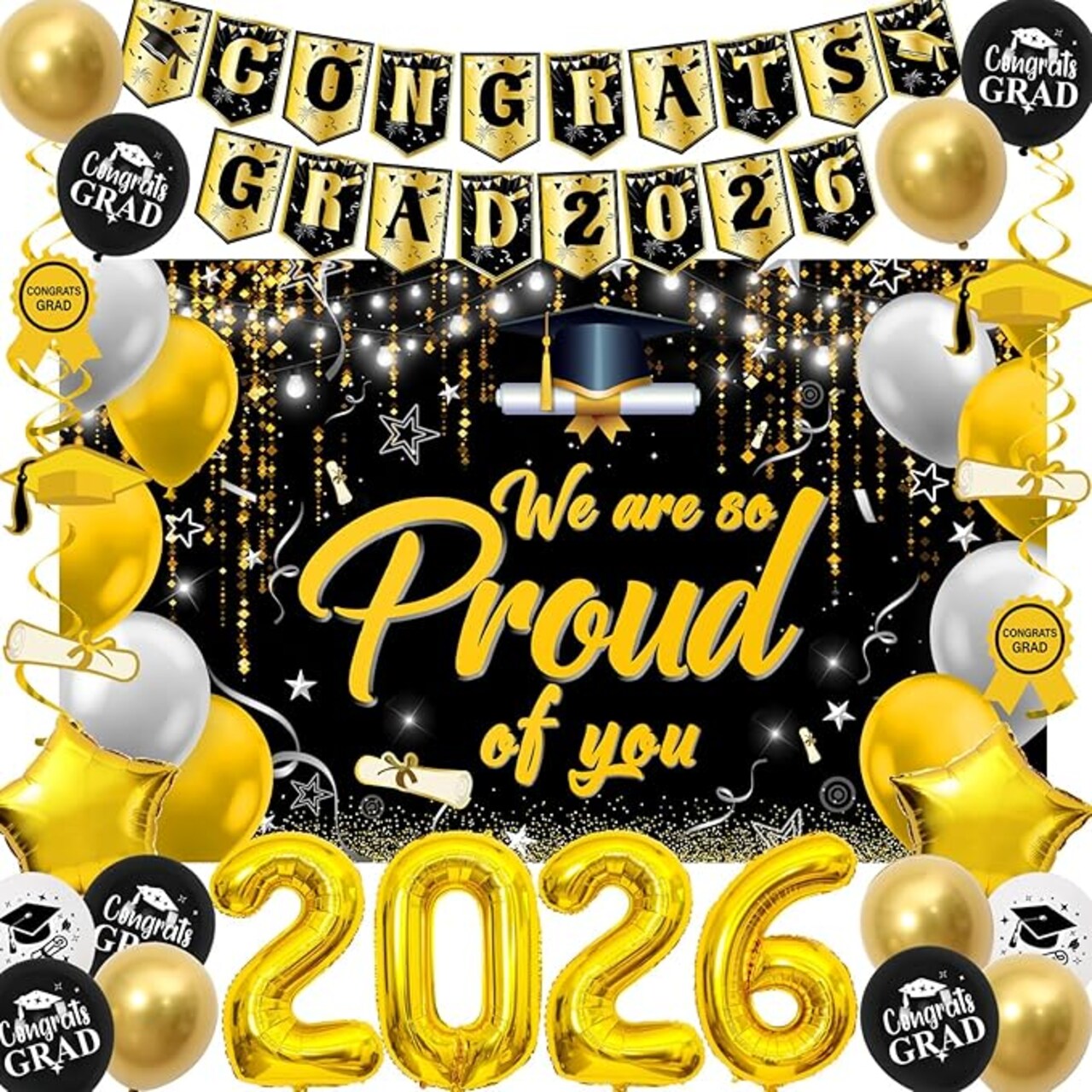Class of 2026 Graduation Decorations Set - Black & Gold "We Are So Proud of You" Party Kit - Includes Fabric Backdrop, Grad Banner, Hanging Swirls & Balloons - Complete High School & College Supplies